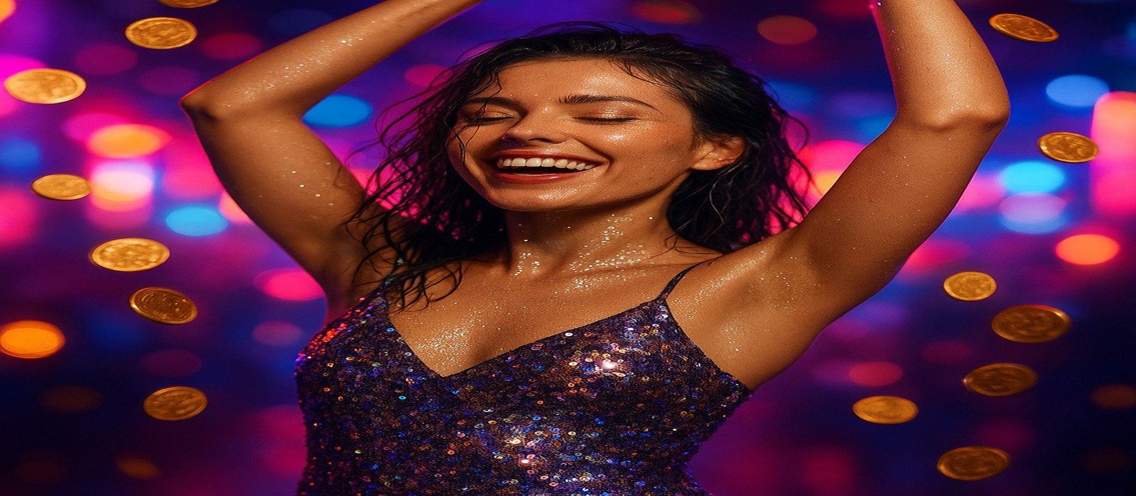 গেমিং প্ল্যাটফর্মে জয়লাভের আনন্দে উল্লসিত এক নারী, চারদিকে ছড়িয়ে পড়েছে স্বর্ণমুদ্রা