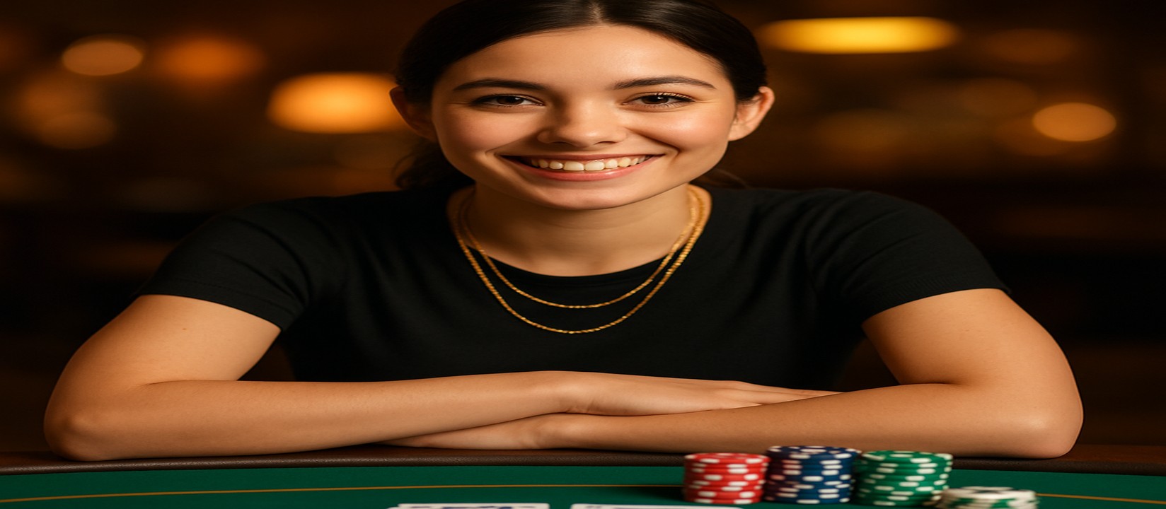 tap555-এর গেমিং প্ল্যাটফর্মে কার্ড টেবলে হাসিমুখ এক নারী উপস্থিত; তাঁর সামনে খেলার সামগ্রী রাখা রয়েছে এবং তিনি বিস্তৃত খেলার নির্বাচন প্রস্তাব করেন