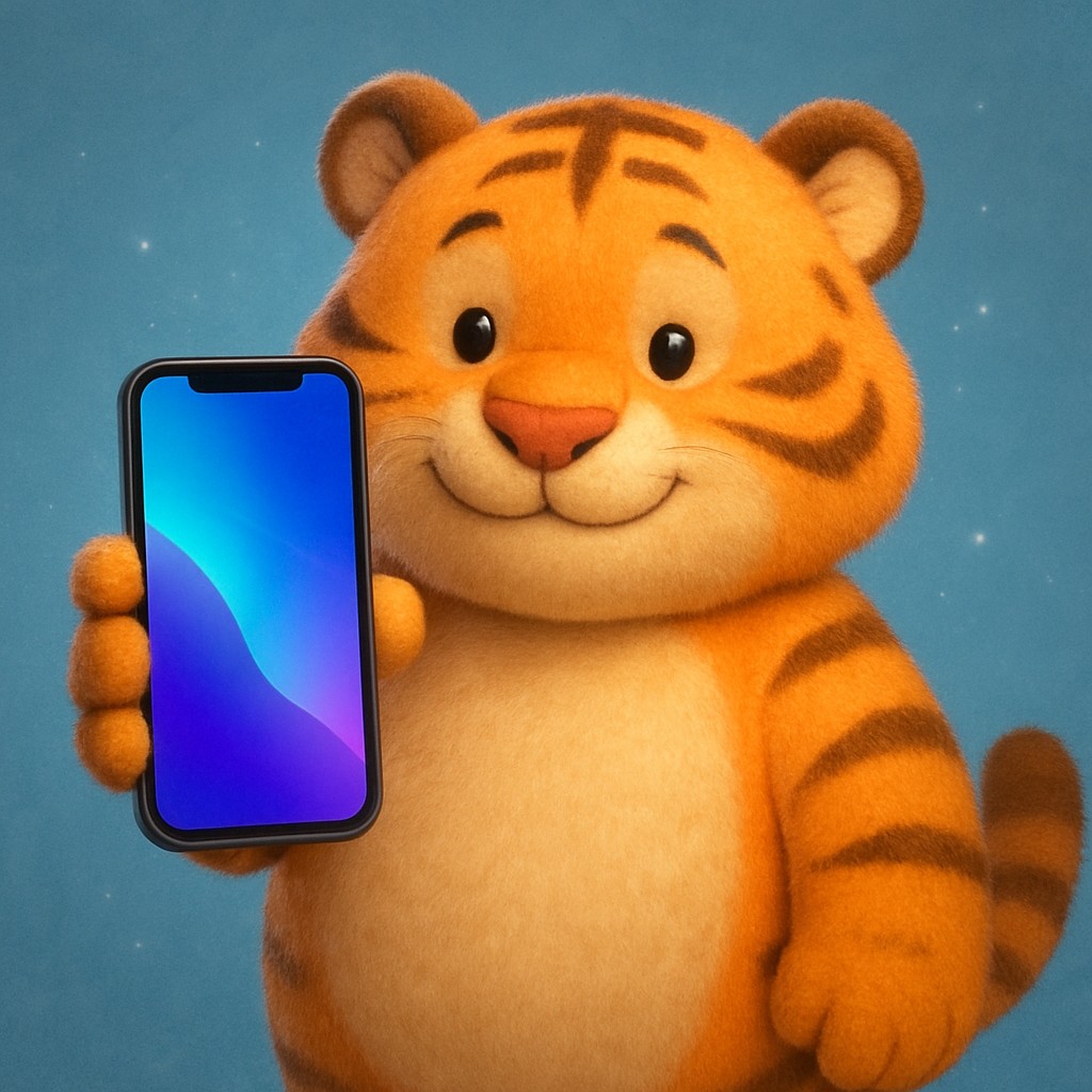 স্মার্টফোনে tap555 অ্যাপটি ব্যবহার করছে একটি কার্টুন বাঘশাবক