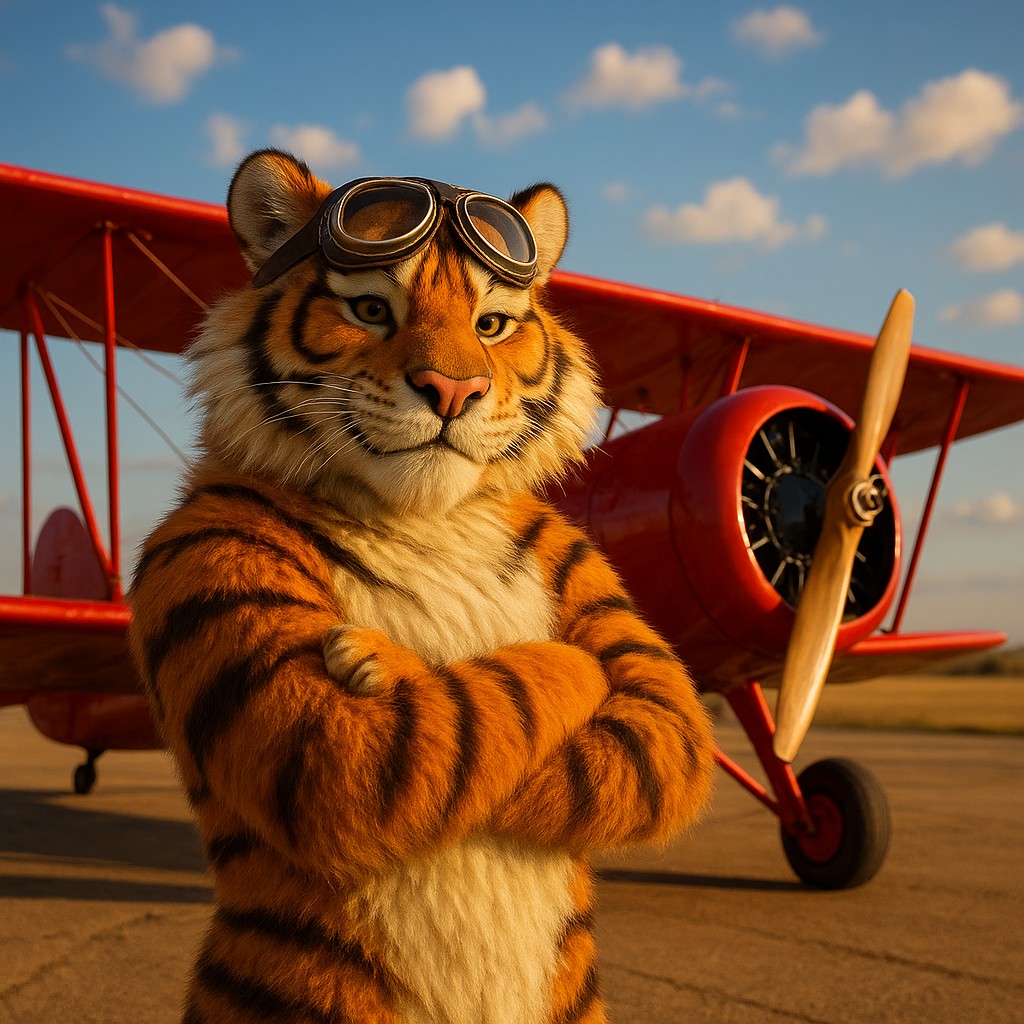 tap555-এর গেমিং প্ল্যাটফর্মের প্রতীক হিসেবে লাল বিমানের পাশে দাঁড়িয়ে থাকা টাইগার পাইলট