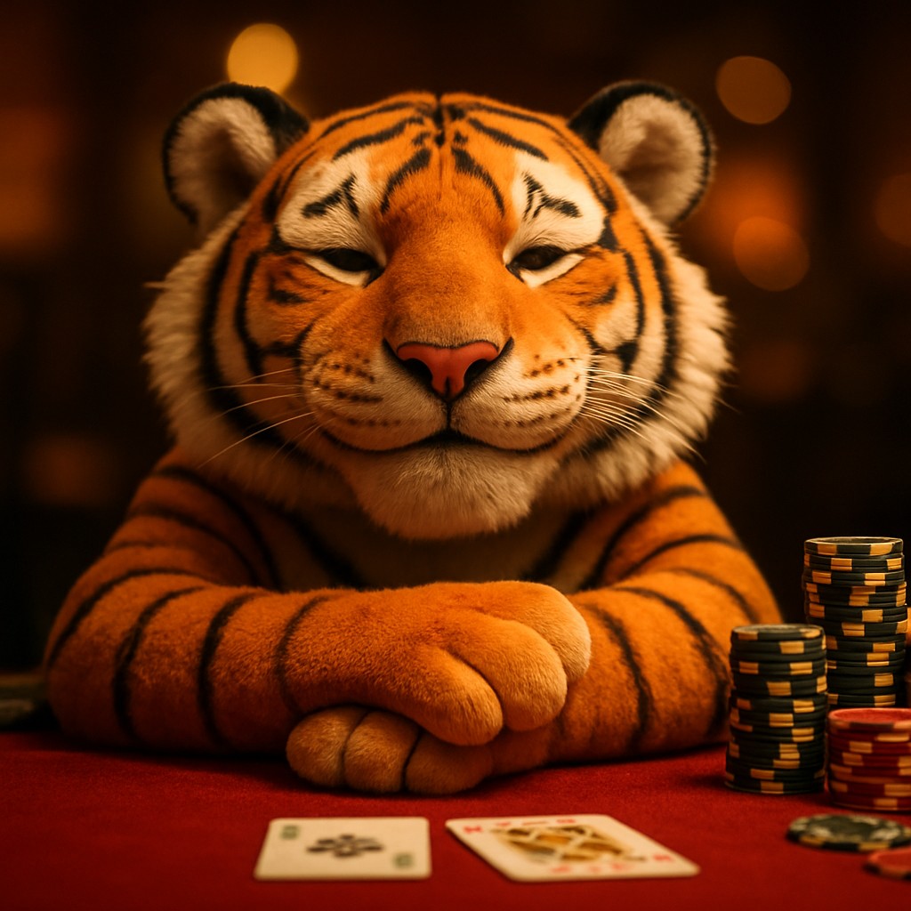 tap555 গেমিং প্ল্যাটফর্মে খেলার টেবিলে চিপস নিয়ে হাসিখুশি একটি টাইগার শাবক বসে আছে।