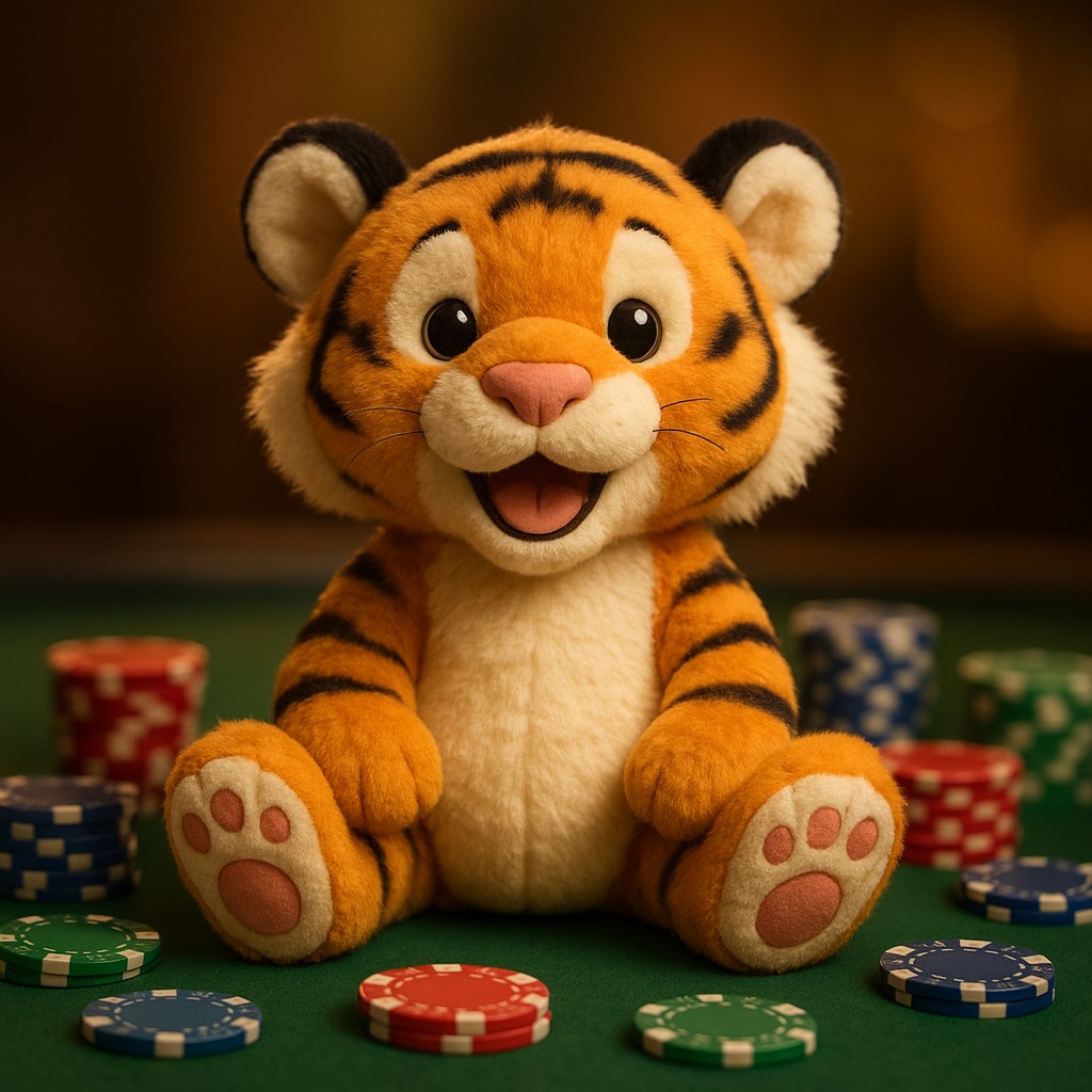 একটি ছোট বাঘশাবক একটি টেবিলের ওপর খেলার সামগ্রীসহ বসে আছে