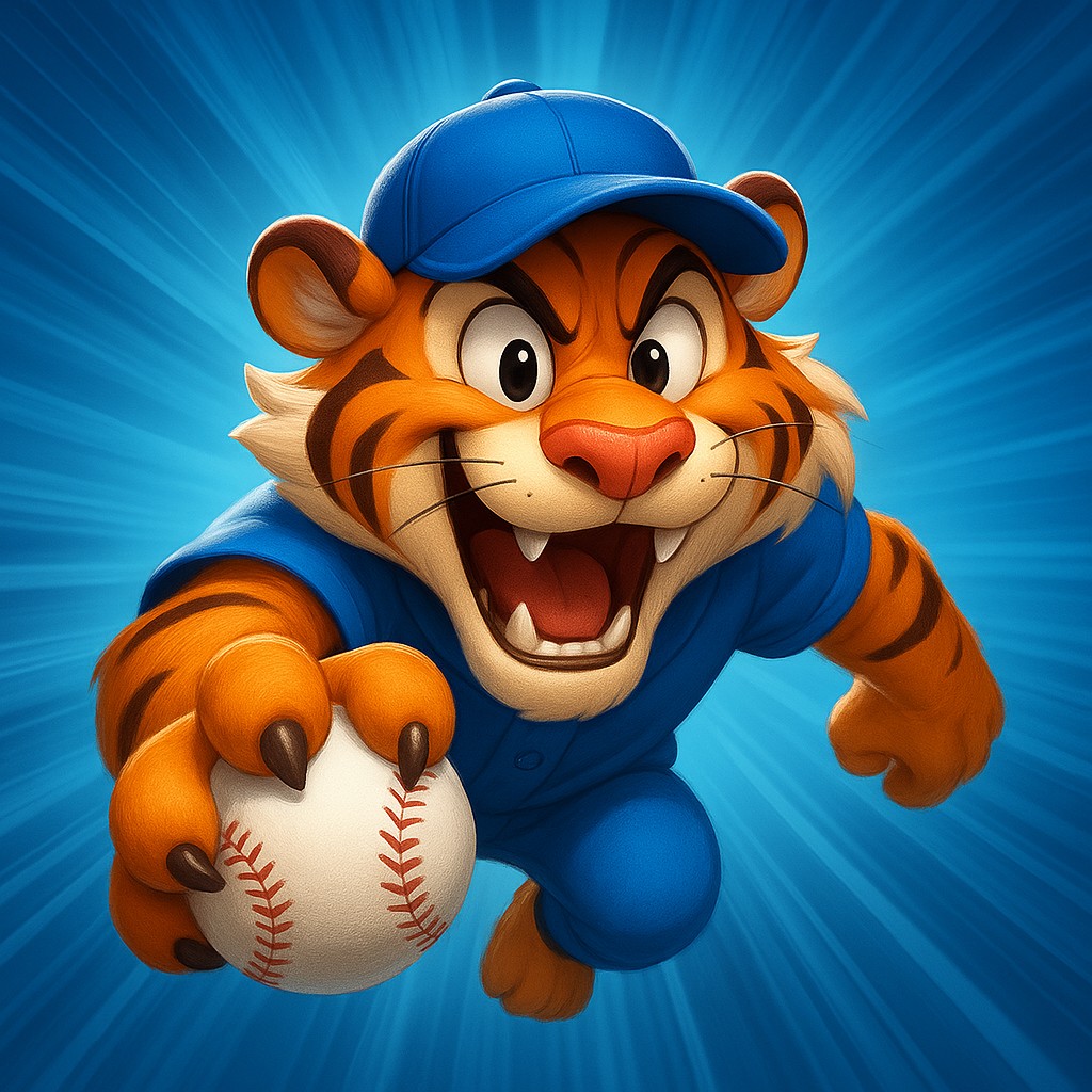 tap555 ক্রিকেট গেমিংয়ের প্রতীক হিসেবে ইউনিফর্ম পরা একটি আনন্দিত টাইগার শাবক, হাতে বল ধরেছে।