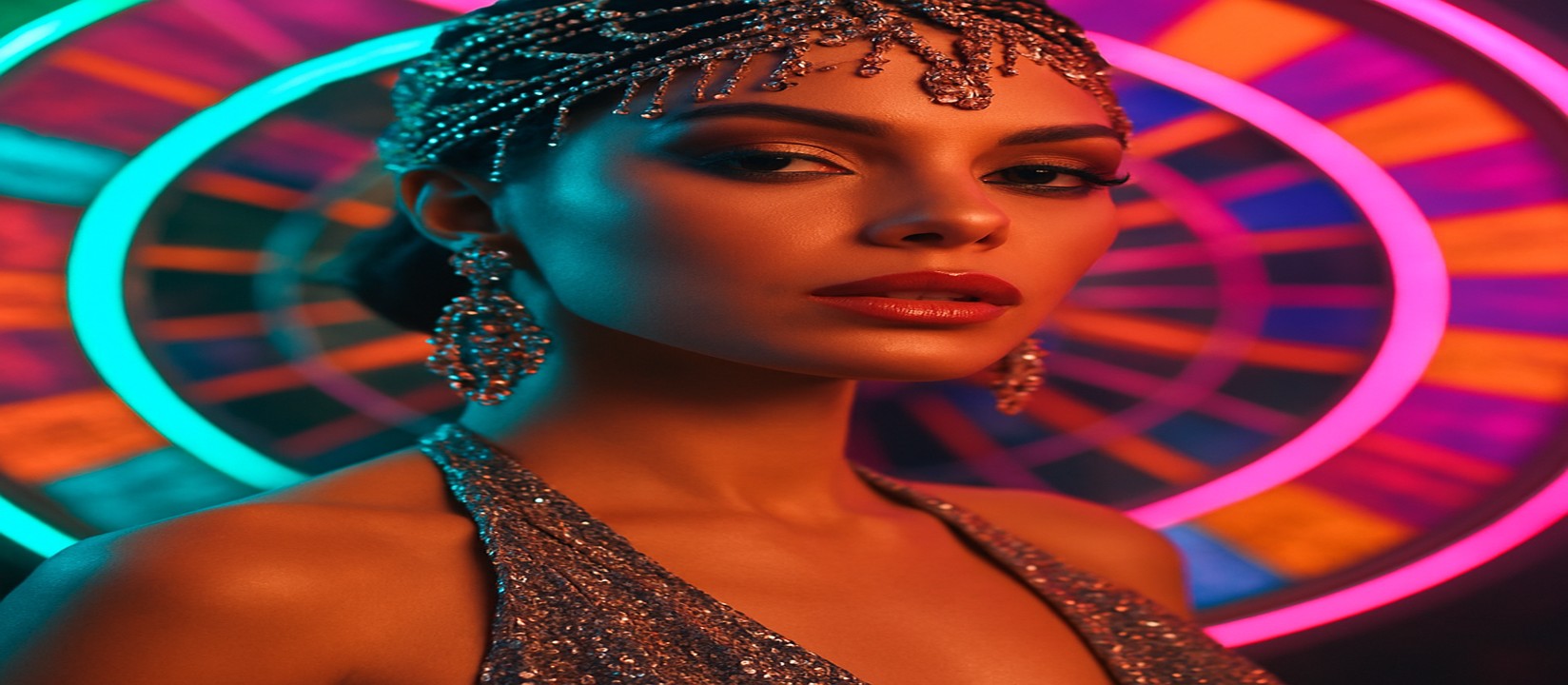 চাকার সামনে দাঁড়িয়ে উজ্জ্বল পোশাকে একটি নারী, একটি বর্ণময় গেমিং