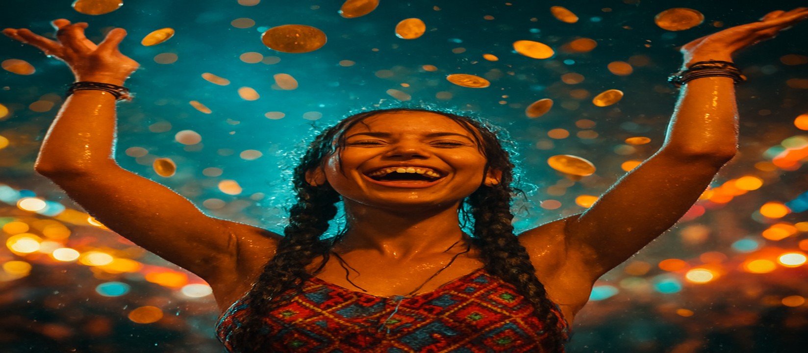 মুদ্রার ঝরনার মধ্যে রঙিন পোশাকে একজন নারী